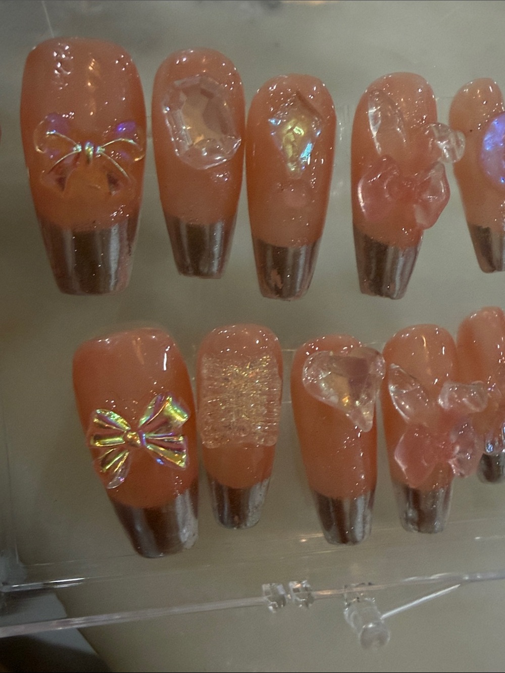 Peach Nude 3D Bow and Gem Press-On Nails size XS set